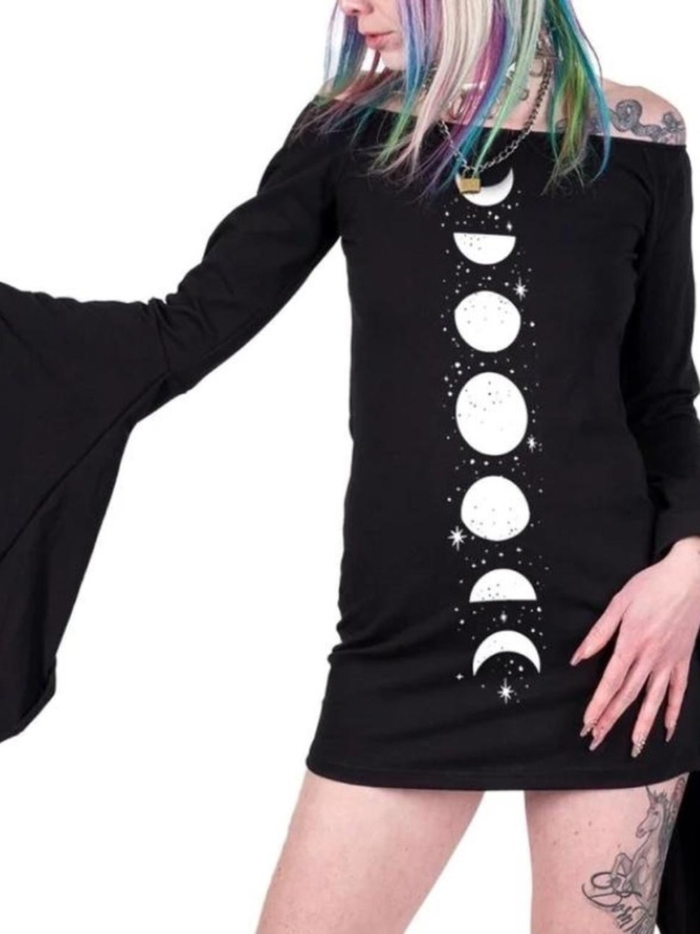 Moon goth witch black dress long witchy bat bell sleeves gothic boho dresses